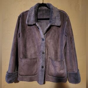 Brandon Thomas Reversible medium Furry Faux Suede Jacket Button Up Grayish Blue